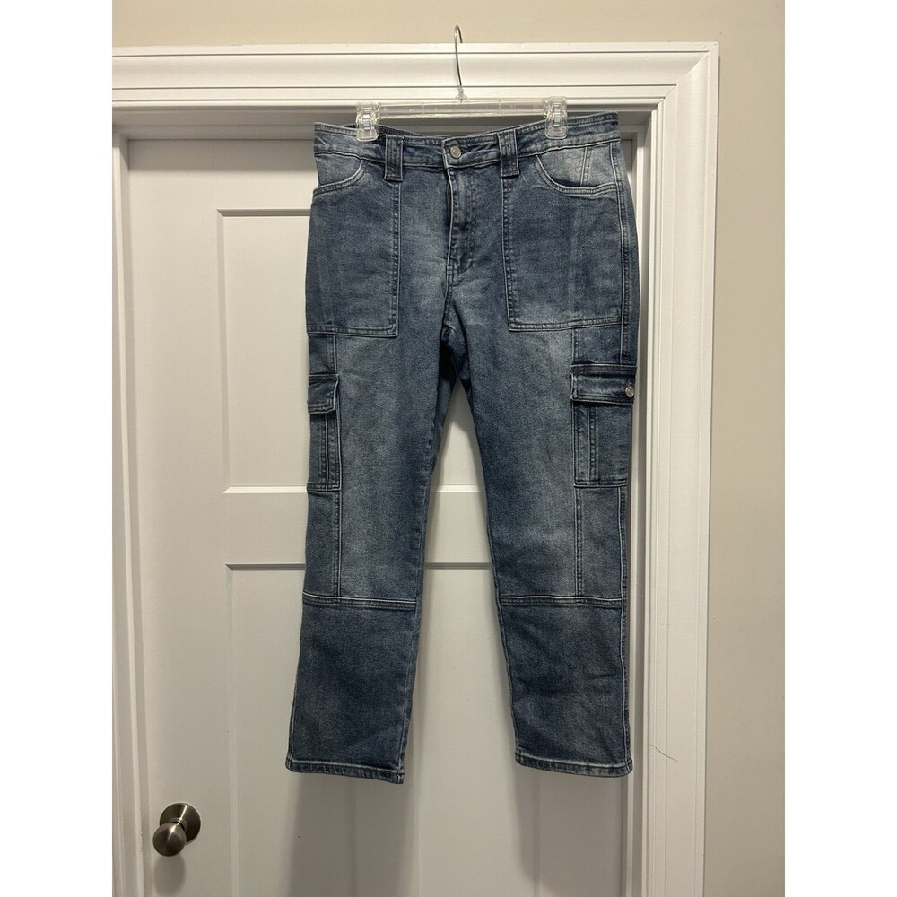 KanCan High Rise Cargo Jeans Women Size 11 / 29 Medium Acid Wash Stretch Comfort